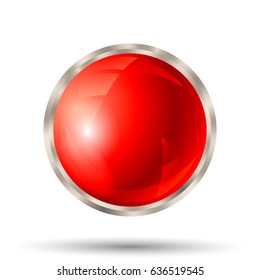 Blank red button with silver metallic border isolated on white background. Vector illustration.