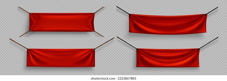 Blank red canvas banners mockup. Horizontal fabric flags, textile sheet hanging on ropes. Empty scarlet cloth placards with folds isolated on transparent background, vector realistic set