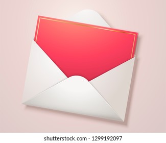 Blank red card with open envelope in 3d illustration