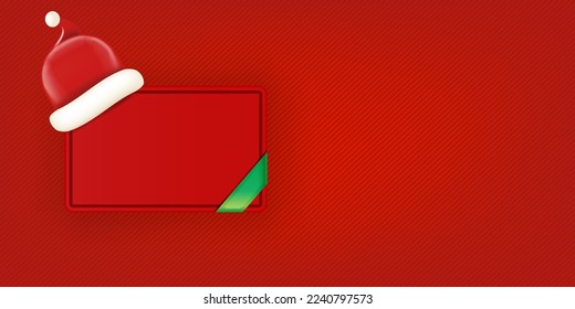 Blank red christmas banner with button and santa hat isolated on red background. Vector horizontal Christmas greeting card, poster and label design template. Christmas social media post template
