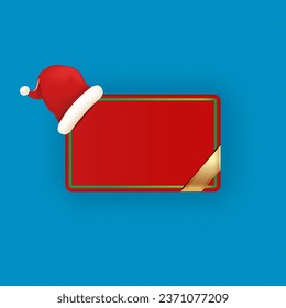 Blank red christmas banner with button and santa hat isolated on blue background. Vector modern Christmas greeting card, poster and label design template. Christmas social media post template