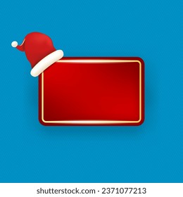 Blank red christmas banner with button and santa hat isolated on blue background. Vector modern Christmas greeting card, poster and label design template. Christmas social media post template