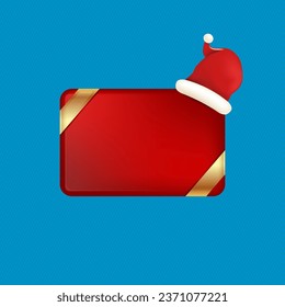 Blank roter Weihnachtsbanner mit Knopf und Weihnachtsmütze einzeln auf blauem Hintergrund. Moderne Weihnachtsgrußkarte, Plakat und Label Design Vorlage. Weihnachtliche Social-Media-Post-Vorlage