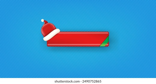 Blank red christmas banner with button and santa hat isolated on blue background. Vector horizontal blue Christmas greeting card, poster and label design template. Christmas social media post template