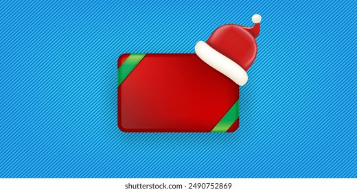 Blank red christmas banner with button and santa hat isolated on blue background. Vector horizontal blue Christmas greeting card, poster and label design template. Christmas social media post template