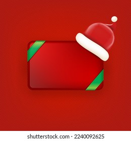 Afiche de navidad roja en blanco con botón y sombrero de santa aislado en el fondo rojo. Vector moderno tarjeta de felicitación de Navidad, pancarta y plantilla de diseño de etiquetas. plantilla de publicación en medios sociales de Navidad