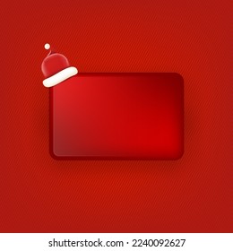 Blank red christmas poster with button and santa hat isolated on red background. Vector modern Christmas greeting card, banner and label design template. Christmas social media post template