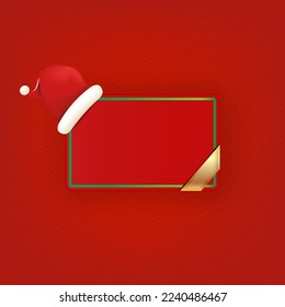 Afiche de navidad roja en blanco con botón y sombrero de santa aislado en el fondo rojo. Vector moderno tarjeta de felicitación de Navidad, pancarta y plantilla de diseño de etiquetas. plantilla de publicación en medios sociales de Navidad
