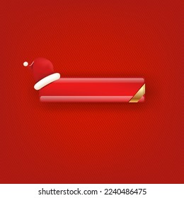 Afiche de navidad roja en blanco con botón y sombrero de santa aislado en el fondo rojo. Vector moderno tarjeta de felicitación de Navidad, pancarta y plantilla de diseño de etiquetas. plantilla de publicación en medios sociales de Navidad