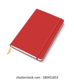 Blank red copybook template with elastic band and bookmark. Vector illustration.