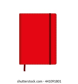 Blank red copybook template with elastic band and bookmark. Vector illustration.