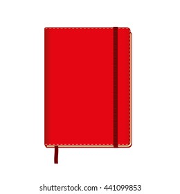 Blank red copybook template with elastic band and bookmark. Vector illustration.