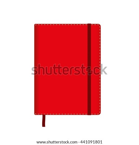 Blank red copybook template with elastic band and bookmark. Vector illustration.
