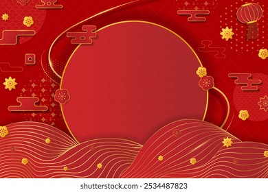 
Blank Red and Gold Lunar New Year Background Design Template with big copy space, red decorative asian elements, lanterns, geometric auspicious clouds, flowers, asian patterns. Chinese New Year theme