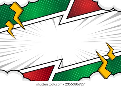 Blank red and green comic book page frame background with clouds