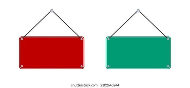 Blank red and green sign plate hanging on white background. Vector illustration.