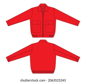 Blank Red Jacket With Big Pocket and Elastic Hem Template Vector On White Background.Front and Back View.