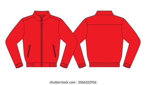 Blank Red Jacket With Elastic Hem Template Vector on White Backgrpund.Front and Back View.