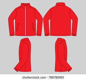 Blank Red Jacket Template on Gray Background. Front, Back and Side View.