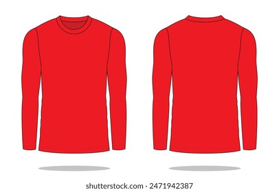 Blank Red Long Sleeve T-Shirt Template on White Background. Front and Back Views, Vector File.