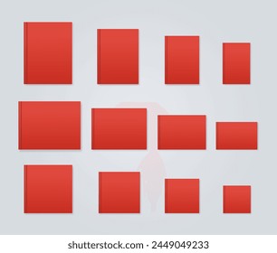 Blank red notebook different format. Standard book size mockup set