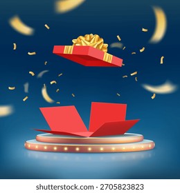 Caja de regalo abierta roja en blanco. Maqueta de envoltura de regalo. Plantilla de Vector.