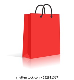 Blank Red Paper Shopping Bag With Black Rope Handles. Vector.