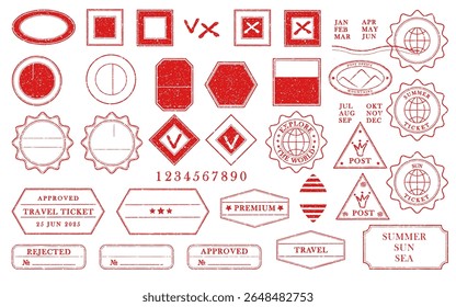 Blank red postage rubber stamps. Mockup office stamp Clean post postmark template Vintage style sticker collection, travel destination mail, tourism, mountain, summer, sun theme. Vector illustration