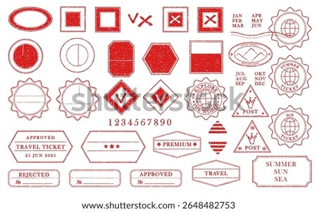 Blank red postage rubber stamps. Mockup office stamp Clean post postmark template Vintage style sticker collection, travel destination mail, tourism, mountain, summer, sun theme. Vector illustration