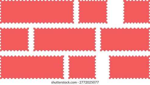 Blank red postage stamp frames, collection of various rectangular mail stickers, jagged edge perforated postal borders, creative mailing labels, decorative postage stamps, isolated philatelic element