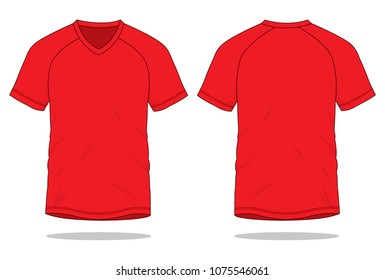Blank Red Raglan Shoulde V-Neck T-Shirt Template on White Background. Front and Back Views, Vector FIle.