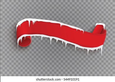 Blank red realistic curved paper banner with snow and icicles isolated on a transparent background. Vector illustration.