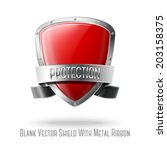 Blank red realistic glossy protection shield with silver ribbon and border isolated on grey background with place for your design and branding. Vector