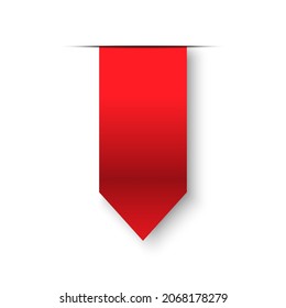 Blank red ribbon tag with shadow. Promotion label and sticker. Store and market special sale sign. Price off and discount badge. Vector illustration