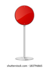 Blank red road sign with stand isolated on a white background, illustration.