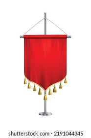 Blank red satin pennant with golden fringe on steel pole realistic vector illustration