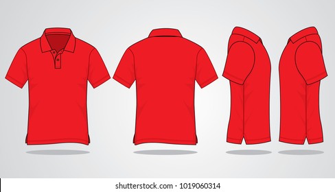 Blank Red Short Sleeve Polo Shirt Template on Gray Background, Front, Back, and Side Views, Vector File.