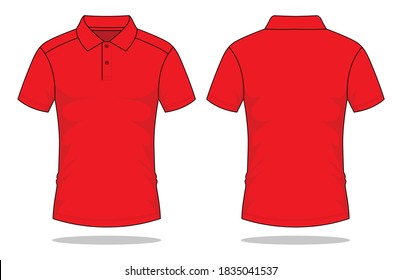 Blank Red Short Sleeve Polo Shirt Vector For Template On White Background.Front And Back Views.