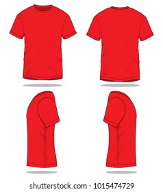 Blank Red Short Sleeve T-Shirt Template on White Background.Front, Back and Side View, Vector File