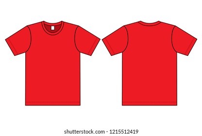 Blank Red Short Sleeve T-Shirt Template on White Background. Front and Back Views, Vector File.