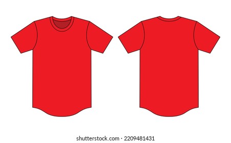 Blank Red Short Sleeve T-Shirt With Curved Hem Template On White Background.Front and Back View, Vector File