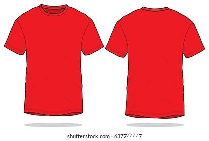 Blank Red Short Sleeve T-Shirt Template on White Background. Front and Back View, Vector File