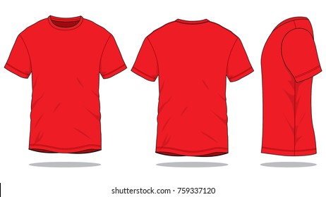 Blank Red Short Sleeve T-Shirt Templateon on White Background.
Front, Back and Side View, Vector File