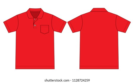 Blank Red Short Sleeves Polo Shirt With One Pocket Template Vector.Front And Back Views.