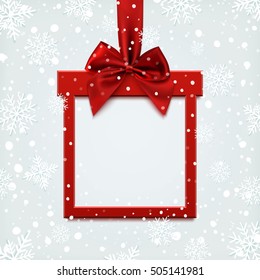 Blank Red Square Banner In Form Of Christmas Gift With Red Ribbon And Bow, On Winter Background With Snow And Snowflakes. Brochure Or Banner Template.