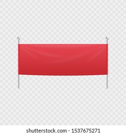 Blank red textile horizontal advertising banner or billboard hanging between two pillars or poles mockup. Blank cloth photorealistic marketing display vector illustration isolated on white.