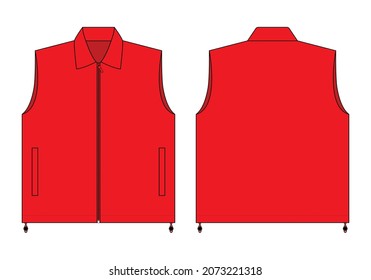 Blank Red Vest With Cord Toggle Stopper Template Vector on White Background.Front and Back View.