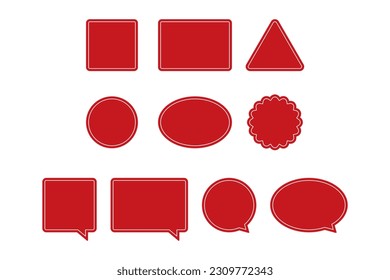 Blank red with white border label including square, rectangle, triangle, circle, ellipse and scalloped circle shapes. Flat vector illustration.	
