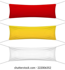 blank red, yellow, white textile banners with copy space suspended by ropes by all four corners and stretched tight hanging suspended against a white background