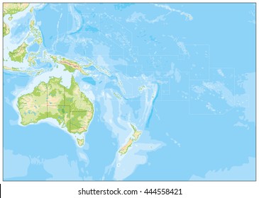 Blank Relief Map of Oceania. All elements are separated in editabe layers clearly labeled.
